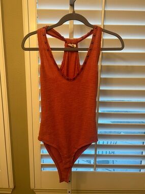 POL Kids Ribbed One-Piece in Rust Orange with Stud Trim